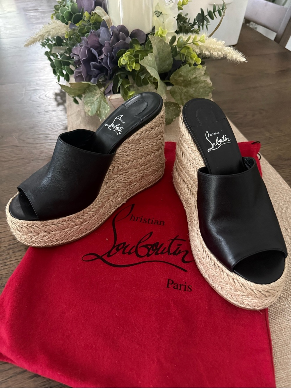 Christian Louboutin Black Leather vraided heel Wedge 5" CUOIO ARIELLA ZEPPA